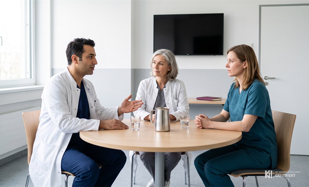 Vermittlungsgespräch im Krankenhaus: eine neutrale dritte Person sitzt zwischen zwei Beteiligten