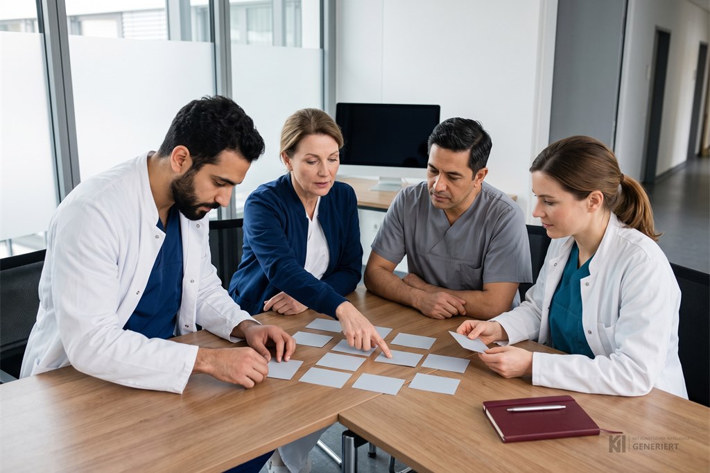 Vier Führungskräfte sortieren in einer Gruppenarbeit gemeinsam Karten auf einem Tisch